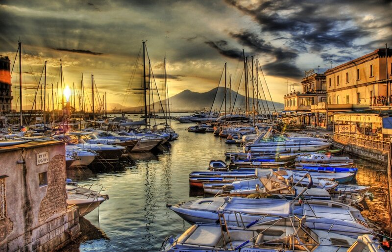 Marina at Sunset — Blue, Dramatic, Photograph