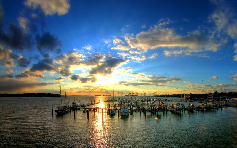 Marina at Sunset — Blue, Serene, Photograph, Boats, Docks, Clouds