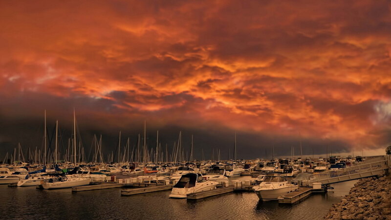 Marina at Sunset — Orange, Dramatic, Photograph, Boats, Docks