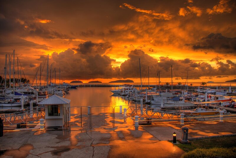 Marina at Sunset — Orange, Dramatic, Photograph, Boats, Sailboats