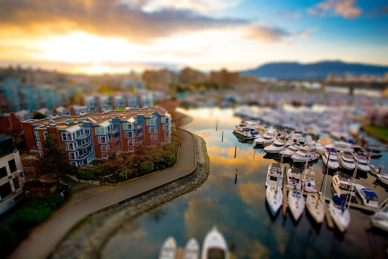Marina at sunset with buildings