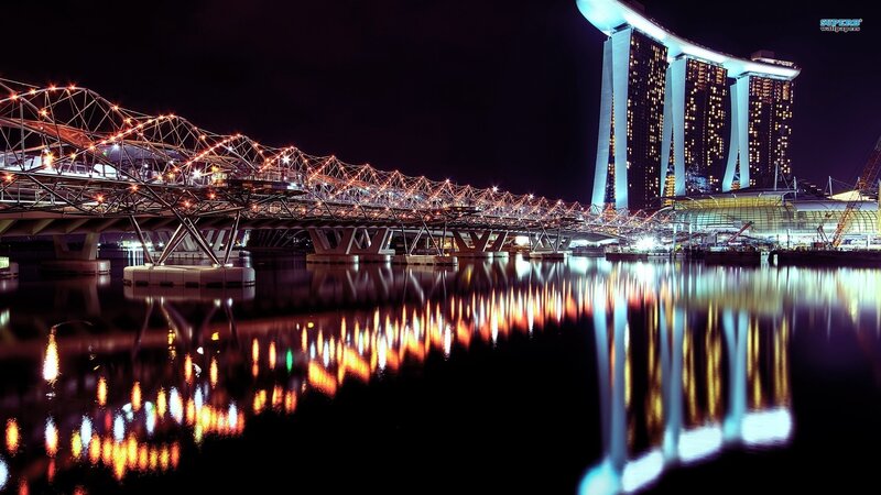 Marina Bay Sands at Night — Black, Dramatic, Photograph, Bridge, Skyscraper, Water, Blue