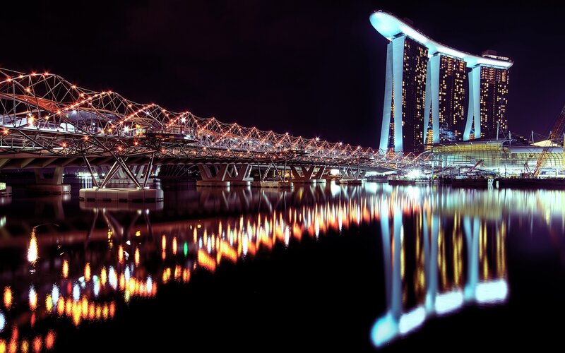 Marina Bay Sands at Night — Black, Dramatic, Photograph
