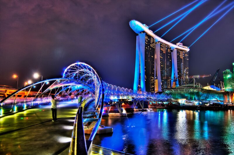 Marina Bay Sands at Night — Blue, Dramatic, Photograph, Bridge, Skyscrapers