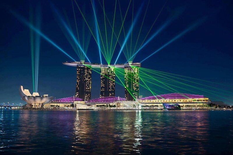 Marina Bay Sands at Night — Blue, Dramatic, Photograph, Laser Show, Artscience Museum