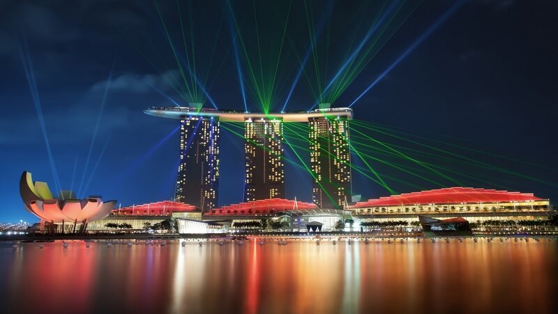 Marina Bay Sands at Night — Blue, Dramatic, Photograph, Lasers, Art Science Museum