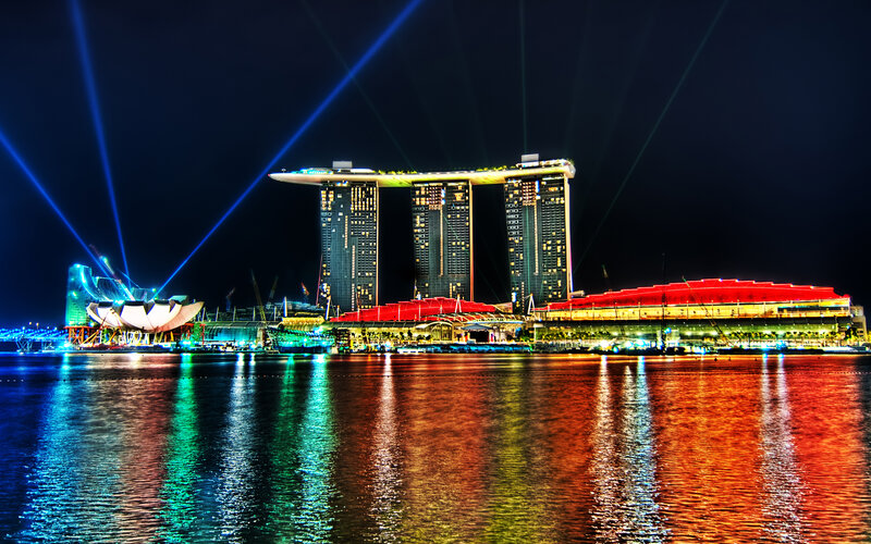 Marina Bay Sands at Night — Blue, Dramatic, Photograph, Lasers