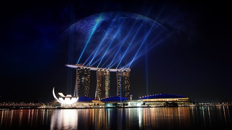 Marina Bay Sands at Night — Blue, Dramatic, Photograph, Sky, Water, Buildings
