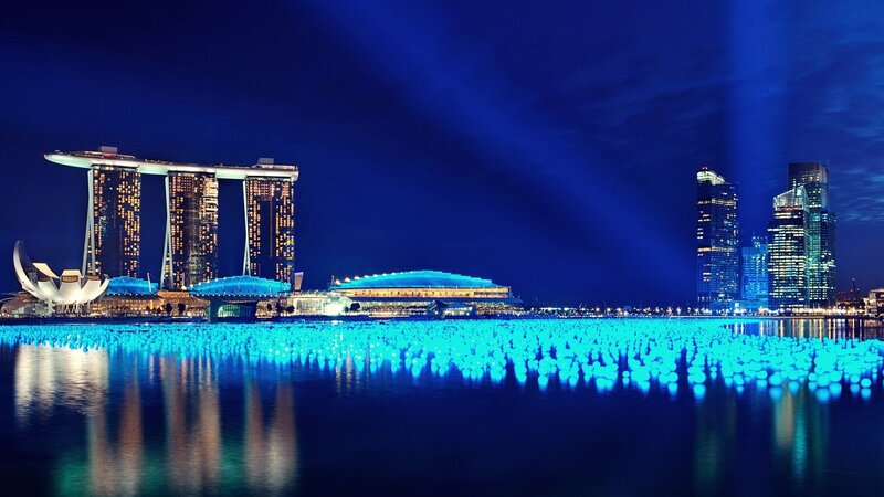 Marina Bay Sands at Night — Blue, Dramatic, Photograph, Skyscrapers, Water