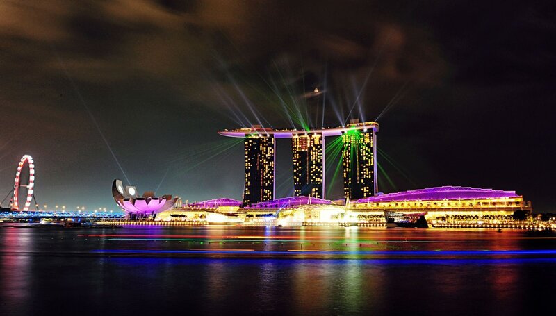 Marina Bay Sands at Night — Purple, Dramatic, Photograph, Singapore Flyer, Art Installation, Lasers, Green