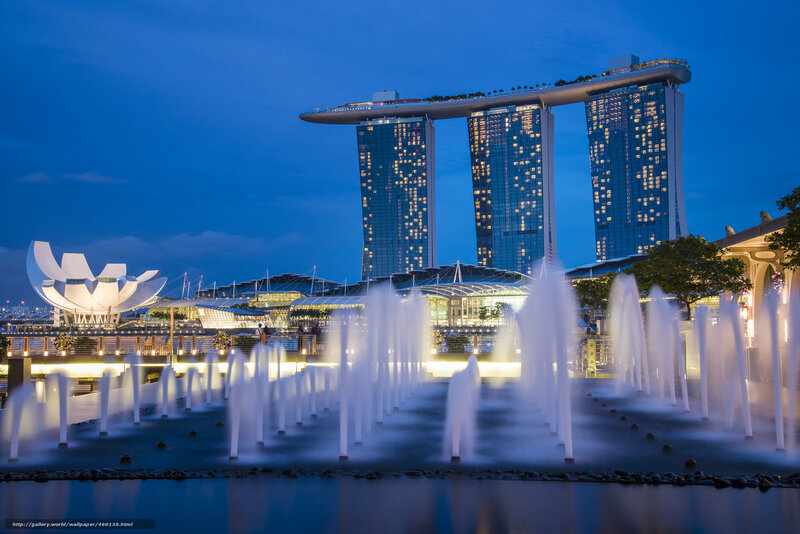 Marina Bay Sands Hotel — Blue, Serene, Night, Photograph, Fountain