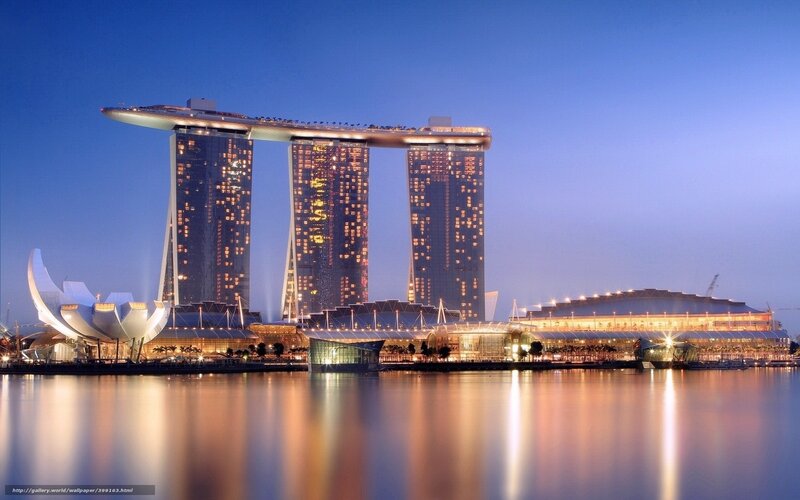 Marina Bay Sands Hotel — Blue, Serene, Night, Photograph, Skyline, Water, Lotus Sculpture