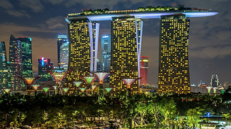 Marina Bay Sands Hotel — Yellow, Dramatic, Night, Photograph