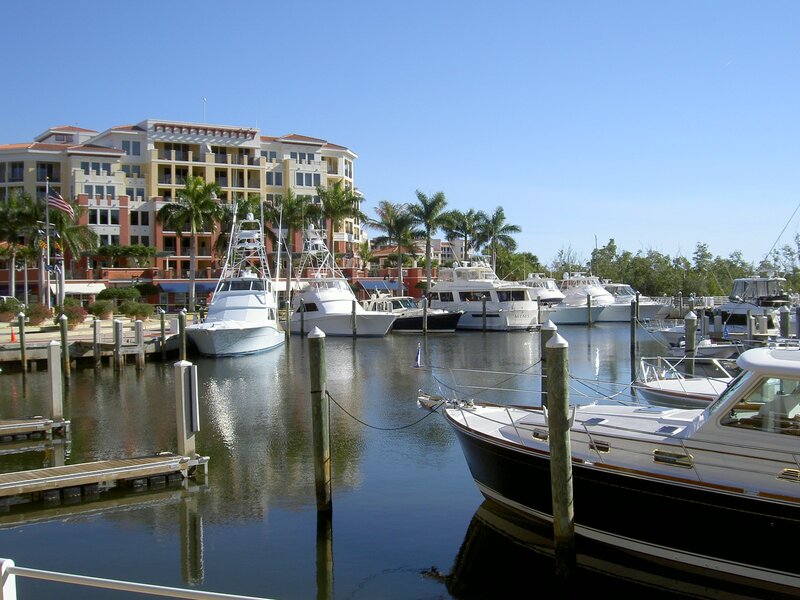Marina with boats and buildings