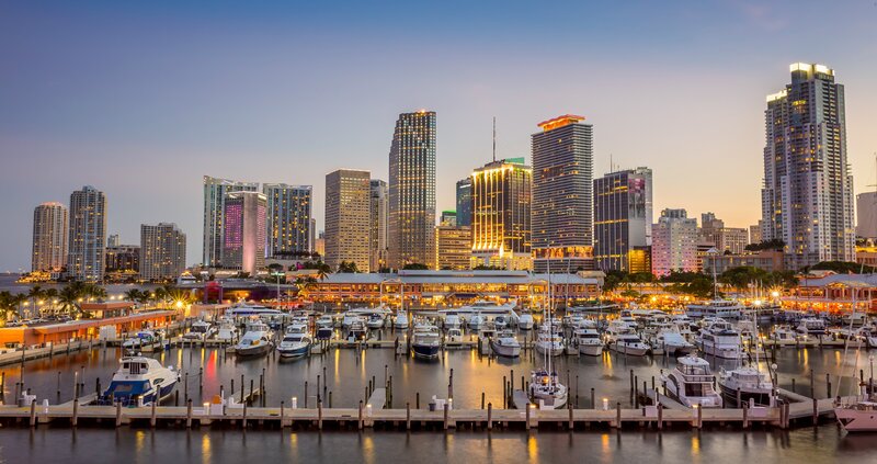 Marina with City Skyline — Blue, Calm