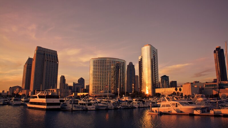 Marina with City Skyline — Purple