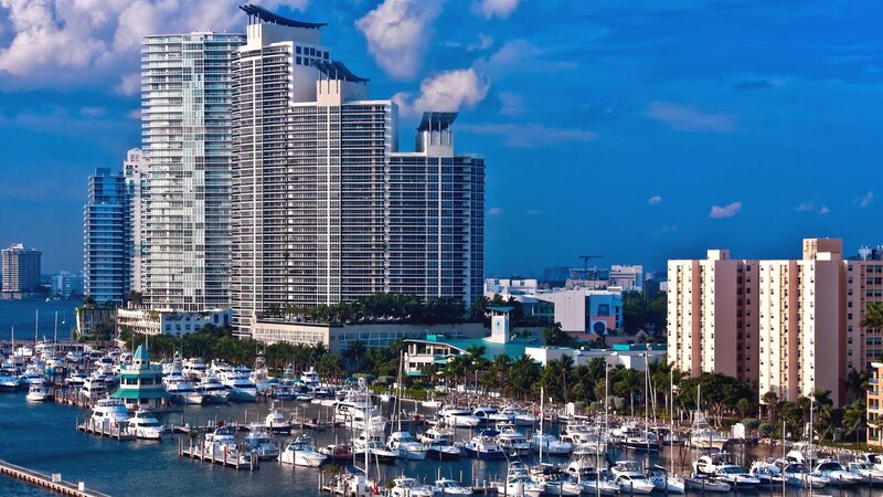 Marina with High-rise Buildings — Blue, Serene, Afternoon, Photograph