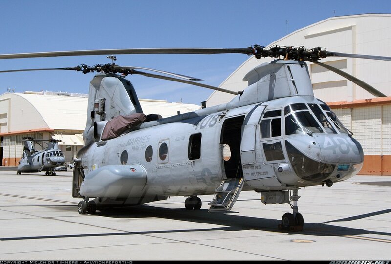 Marine CH-46 helicopter on tarmac