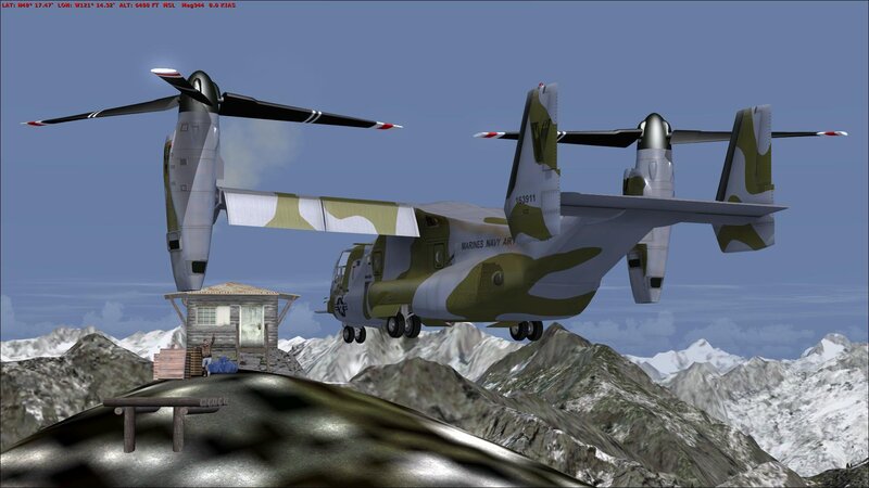 Marine Corps Osprey in mountainous terrain