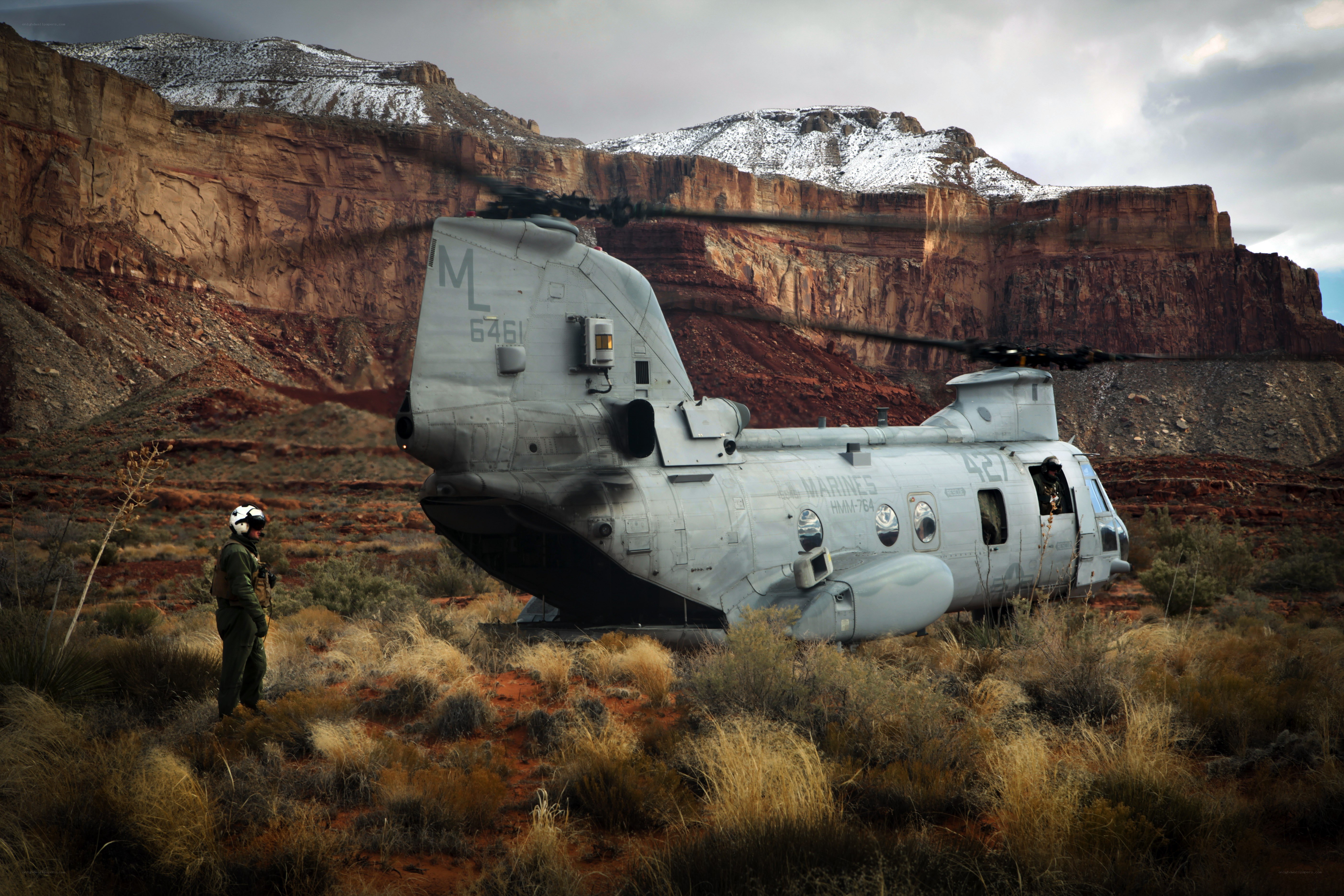 Marine helicopter in desert canyon