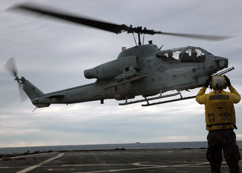 Marine helicopter on aircraft carrier