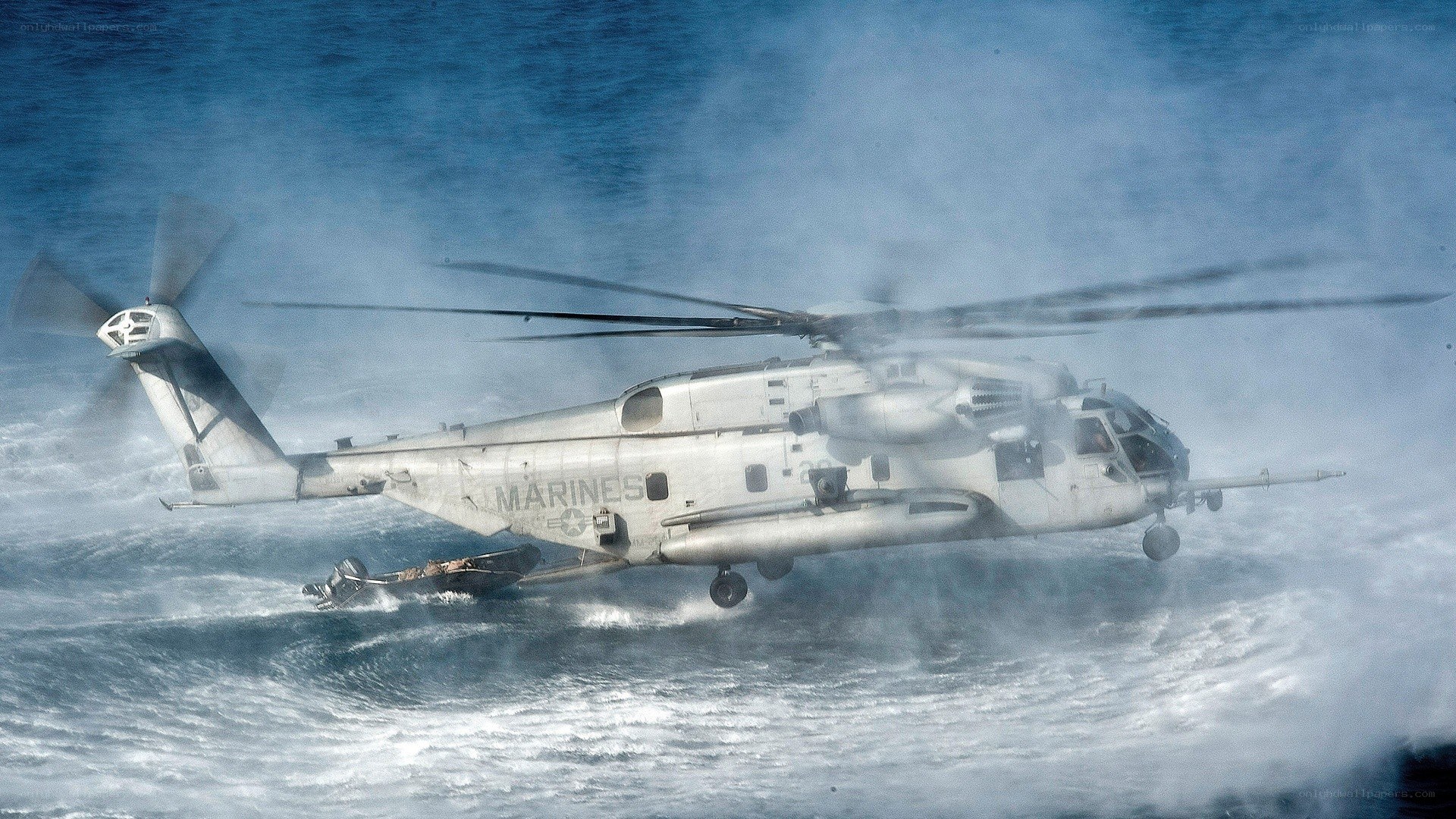 Marine helicopter over ocean