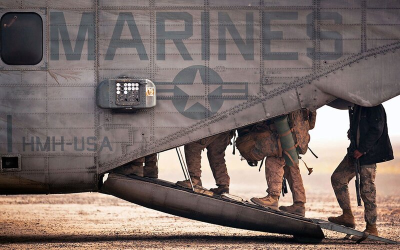 Marines Boarding Helicopter — Gray, Dramatic