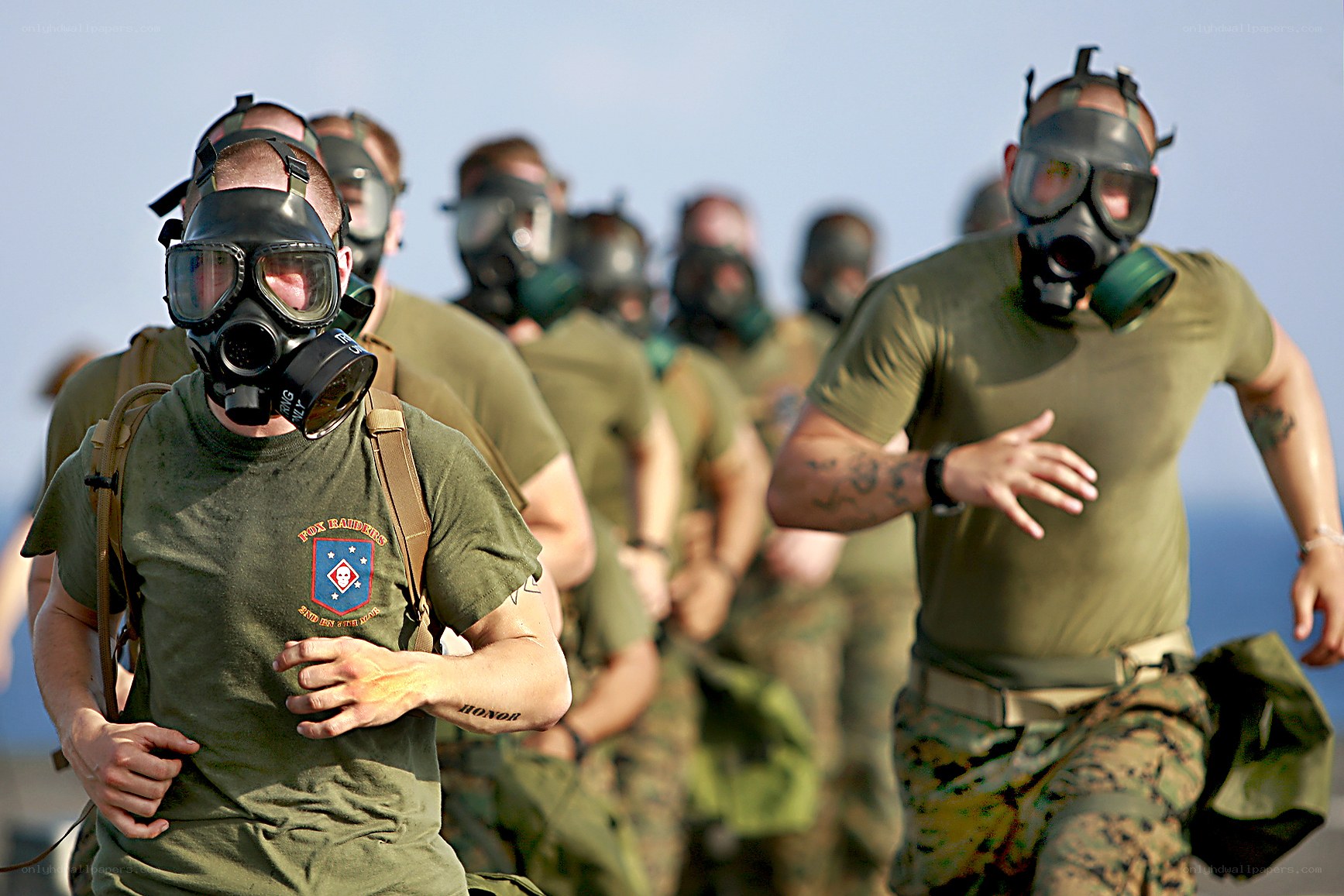 Marines in gas mask training