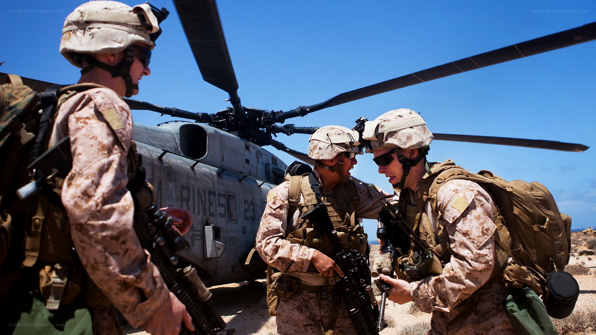 Marines near helicopter