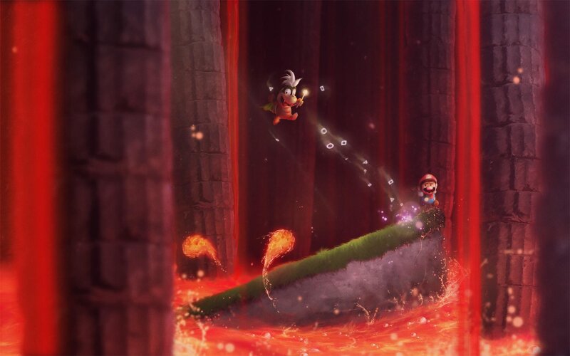 Mario and Bowser Jr. in lava cave
