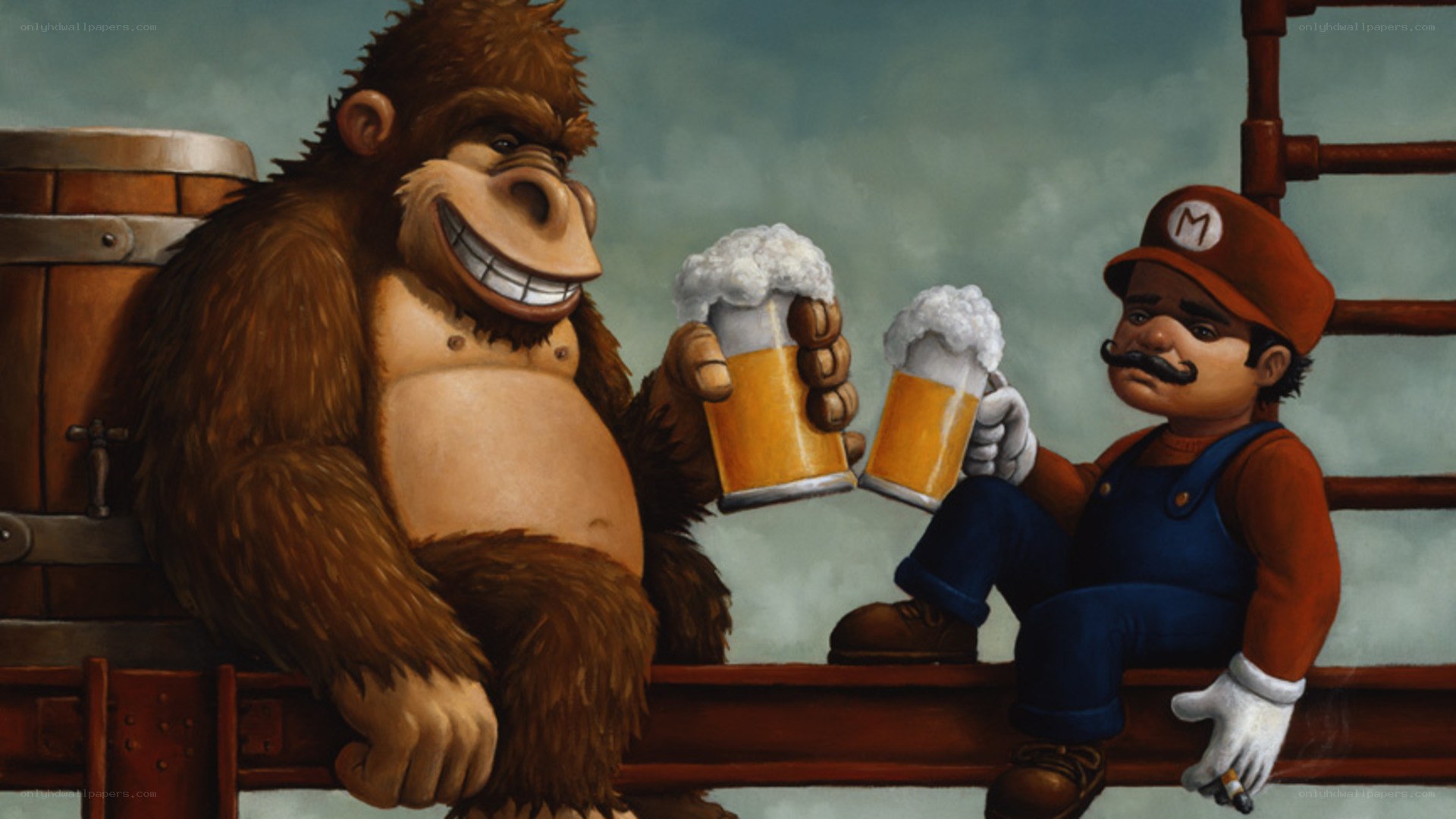 Mario and Donkey Kong drinking beer