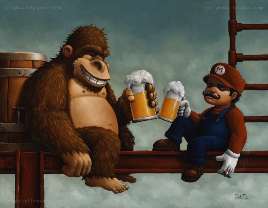 Mario and Donkey Kong drinking