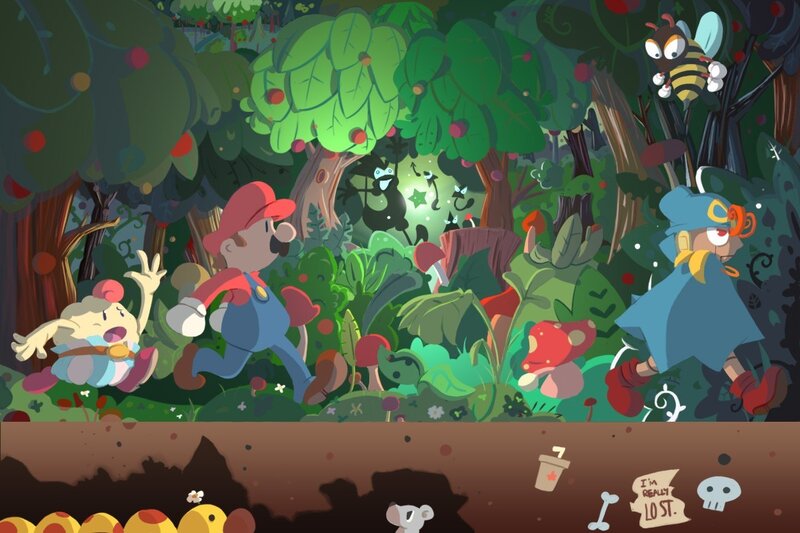 Mario and friends in a forest