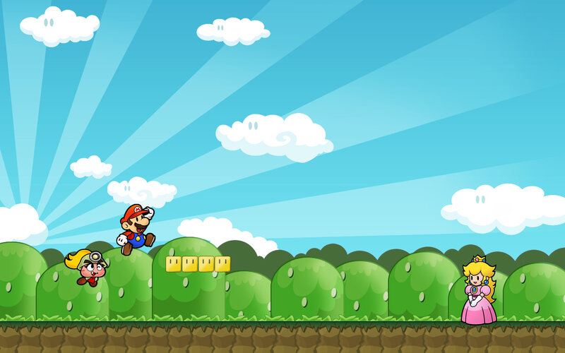 Mario and friends in a sunny landscape