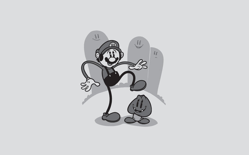 Mario and ghosts in grayscale