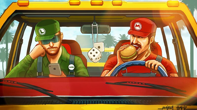 Mario and Luigi in a car