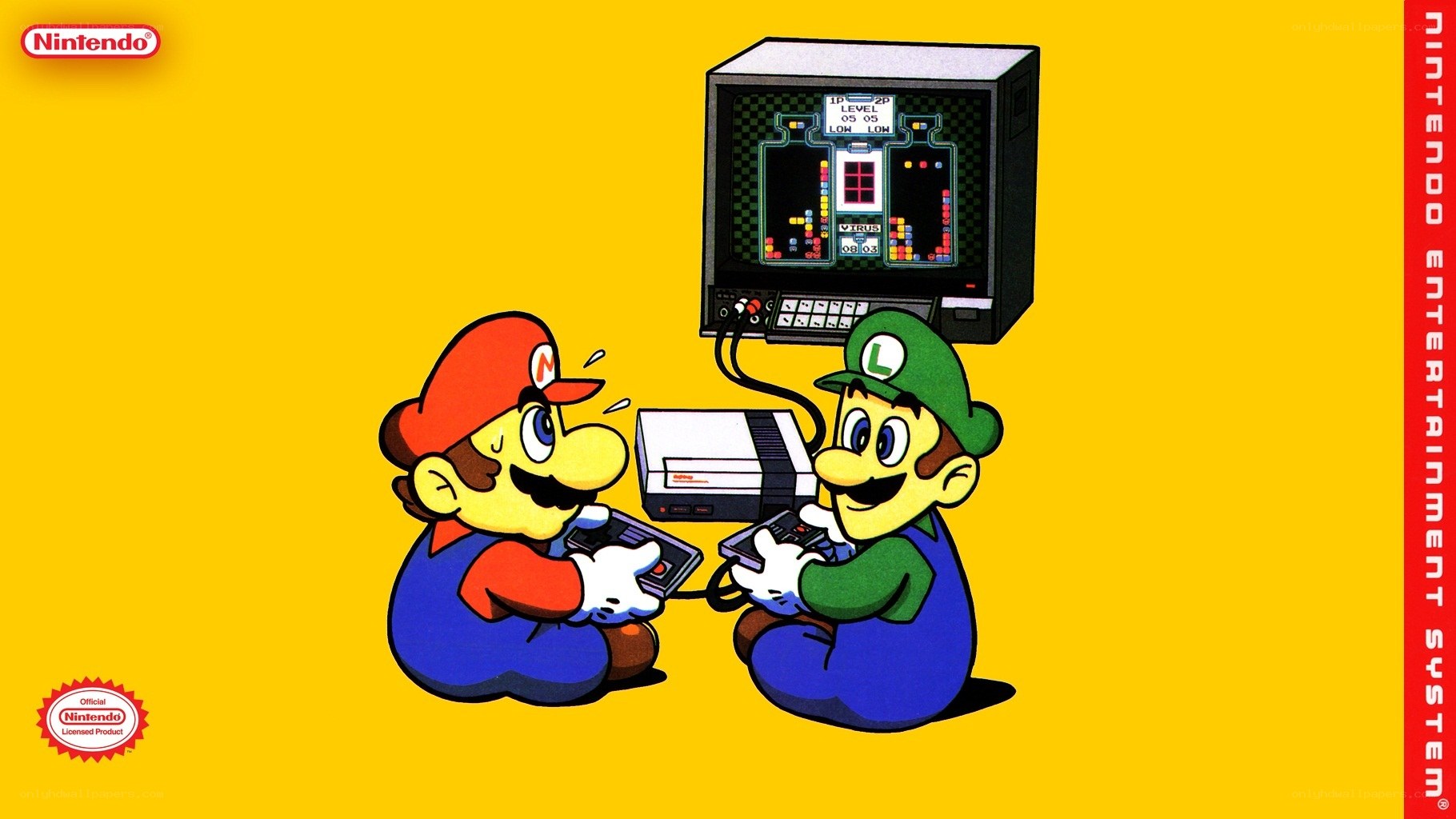 Mario and Luigi playing Tetris