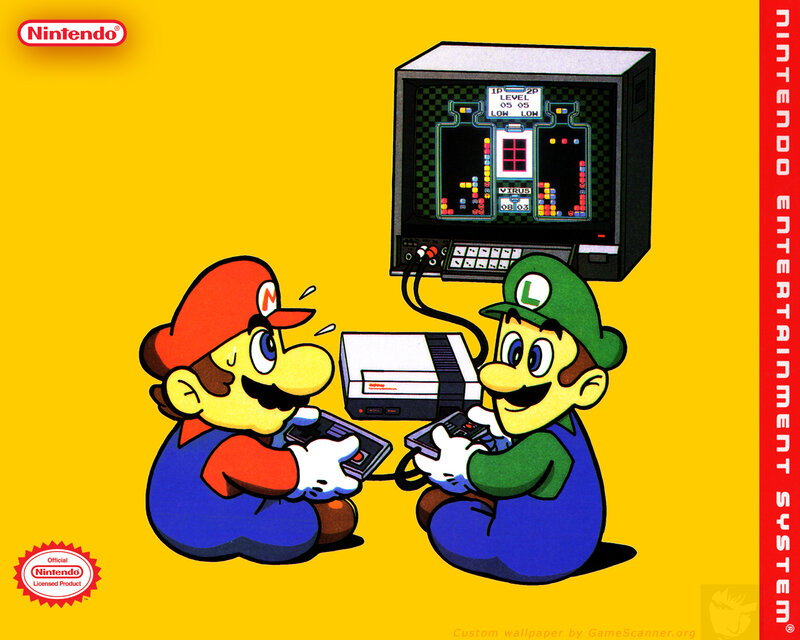 Mario and Luigi playing Tetris