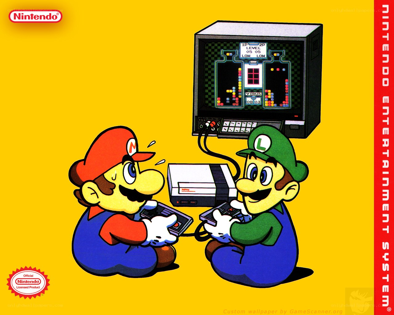 Mario and Luigi playing Tetris
