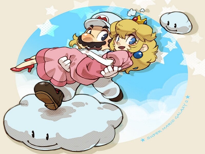 Mario and Peach on a cloud