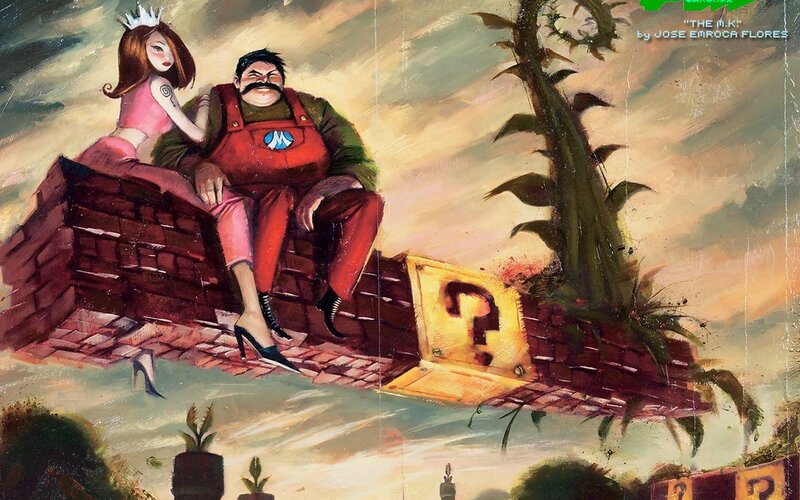 Mario and Peach on a floating brick