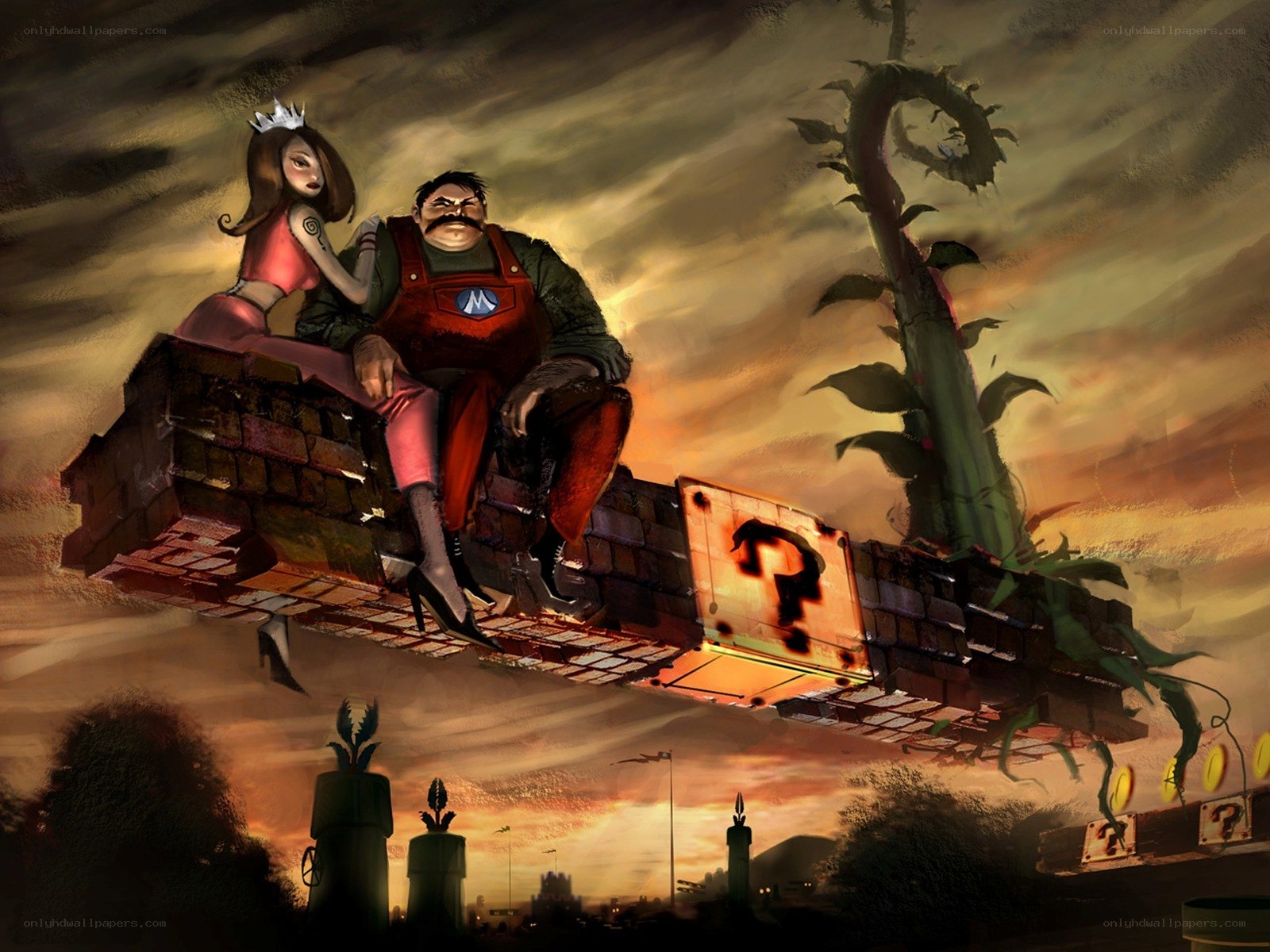 Mario and Peach on a floating platform