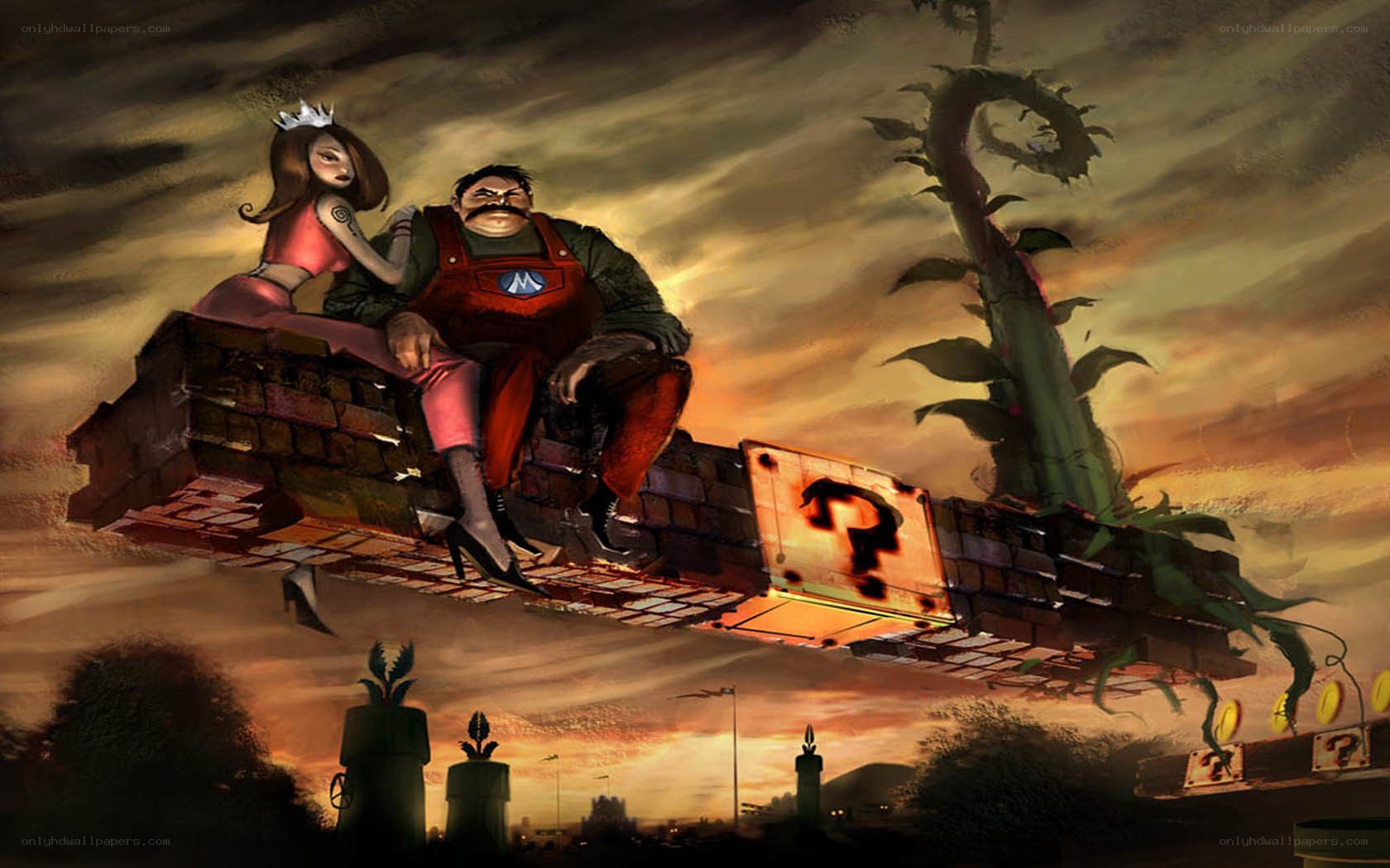 Mario and Peach on a floating platform