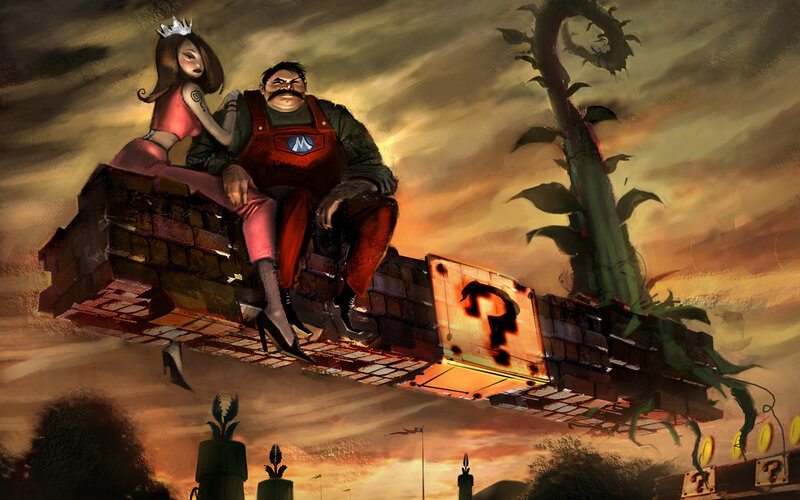 Mario and Peach on a floating platform