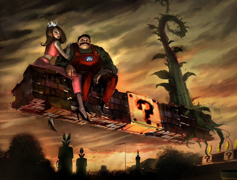 Mario and Peach on Platform — Orange, Dramatic, Sunset