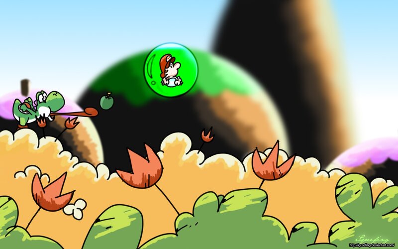 Mario and Yoshi in a cartoon scene
