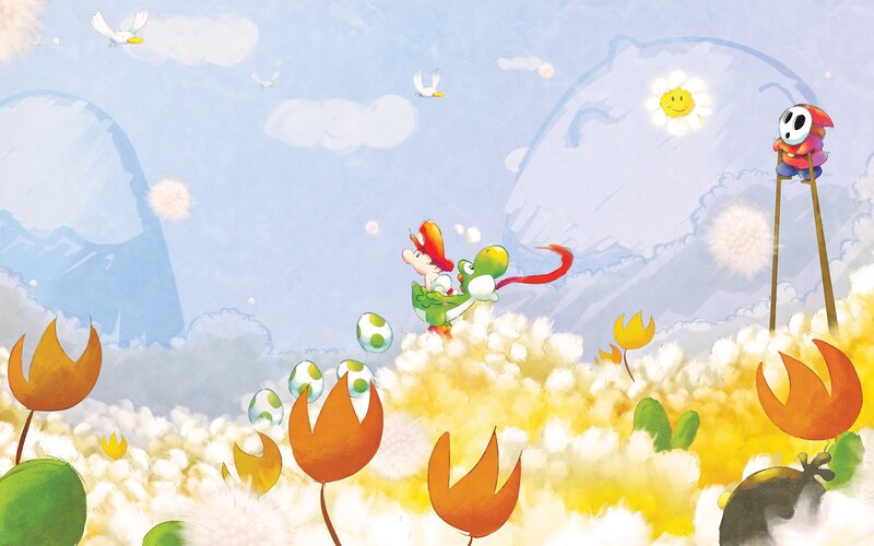 Mario and Yoshi in a dreamy field