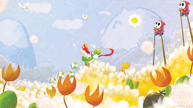 Mario and Yoshi in a flower field