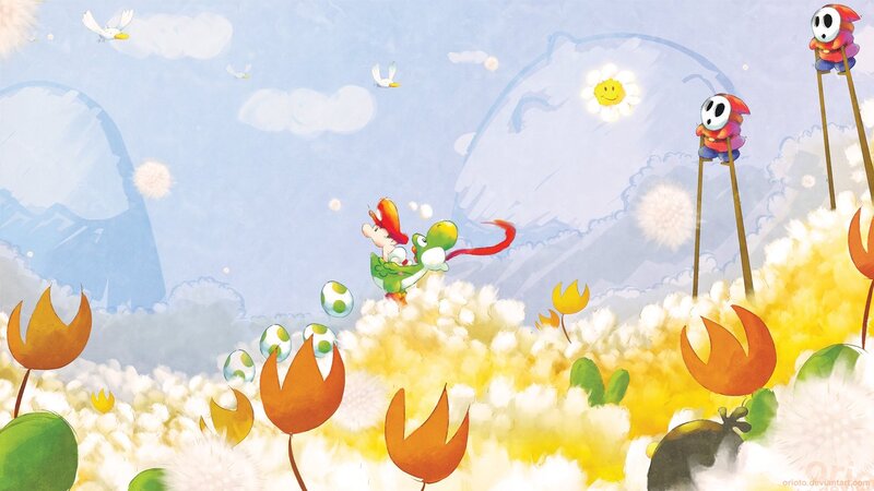 Mario and Yoshi in a flower field