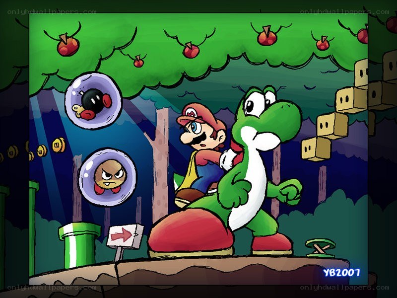Mario and Yoshi in a forest scene